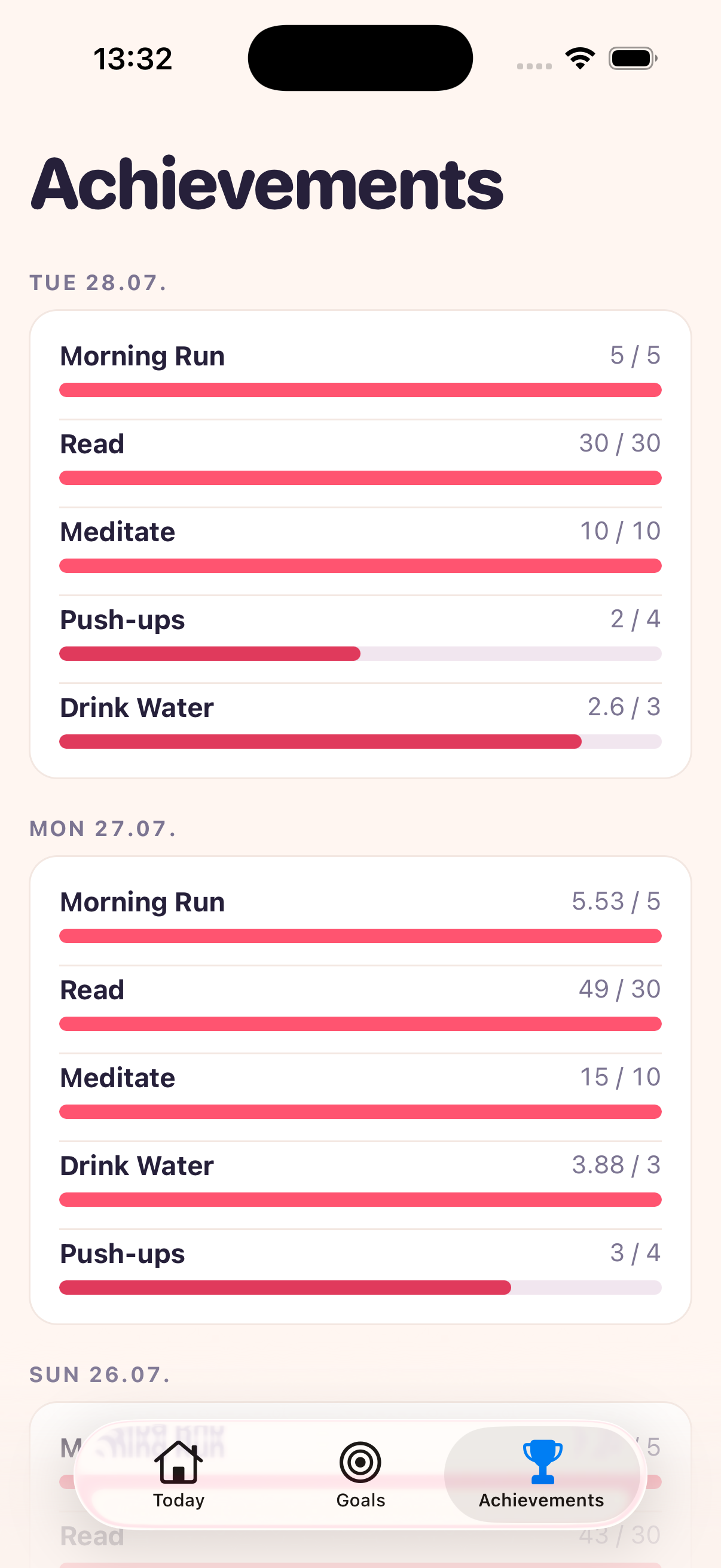 JASHT Achievements tab: a day-by-day log of past entries, newest first