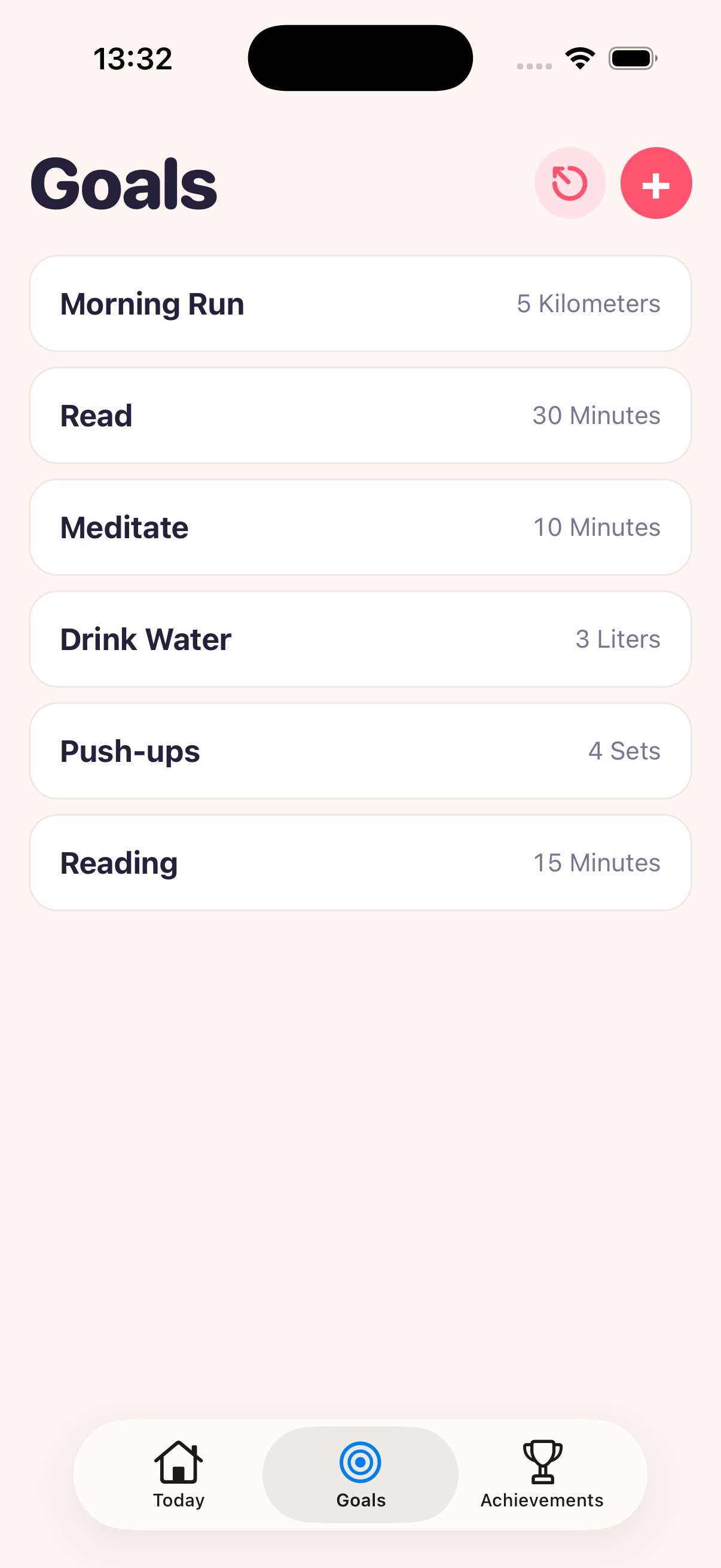 JASHT Goals tab: the list of habits being tracked, each with its unit and daily target