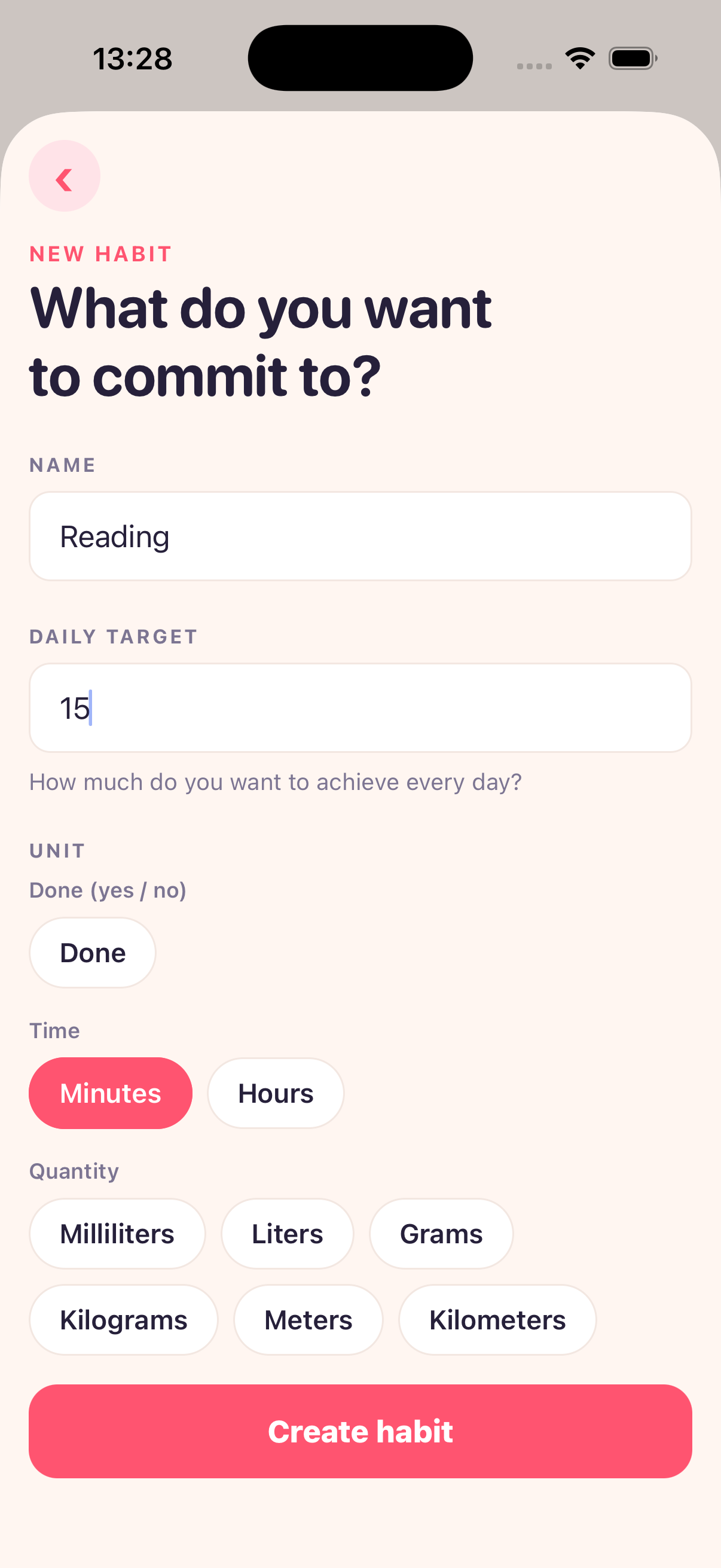 Creating a new habit called Reading with a target of 15 minutes